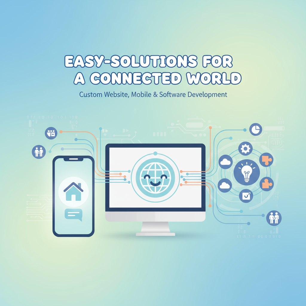 Custom website, mobile, and software development solutions depicted in a way that a common person can understand. Show a computer, a smartphone, and application icons with friendly, simple visuals and clear connections, representing easy-to-understand technology solutions.