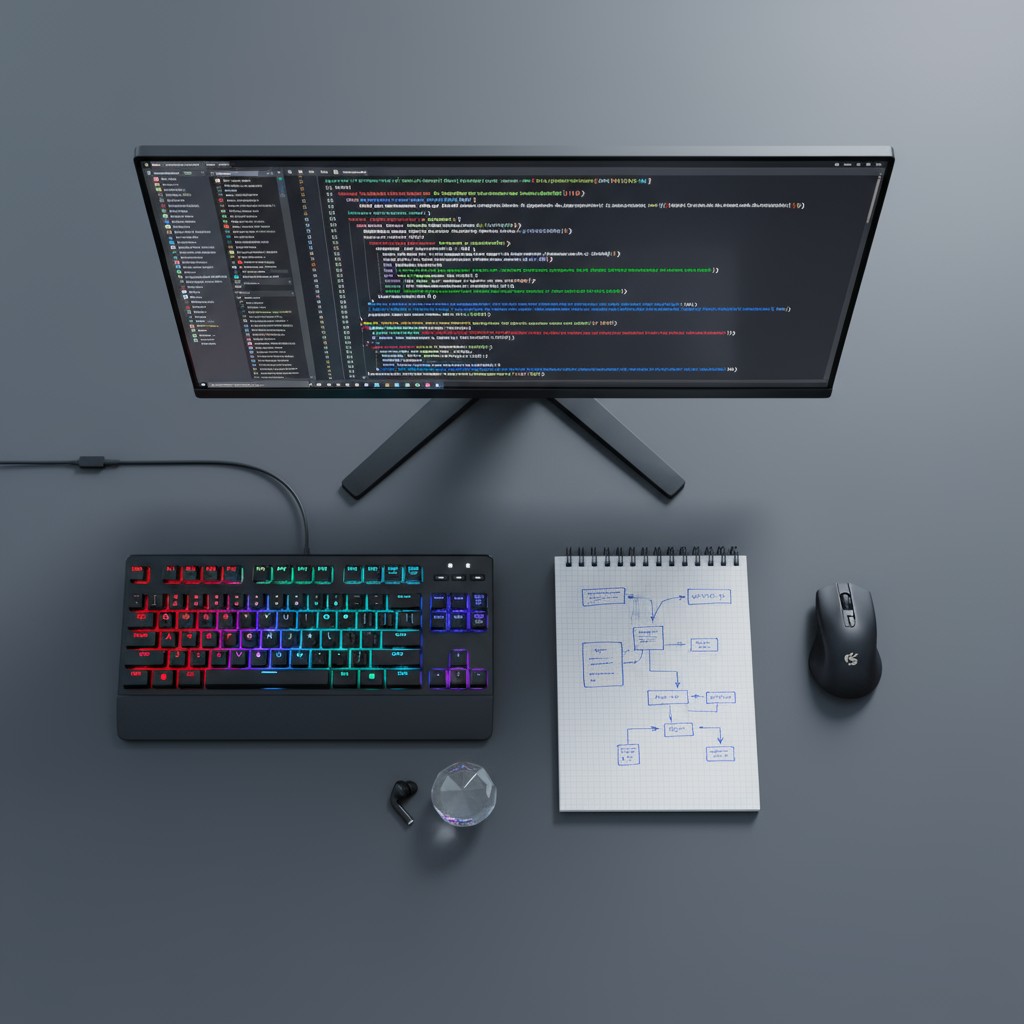 A top-down photo of a computer monitor displaying coding text, a computer keyboard, and other computing accessories on a g...